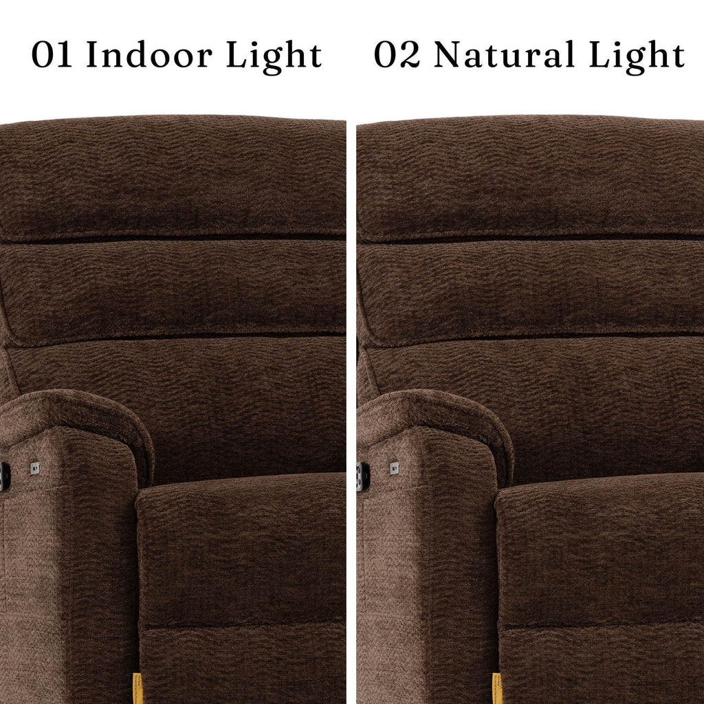 Irene House 9188E Pro dark brown chenille upholstery compared under indoor light and natural light
