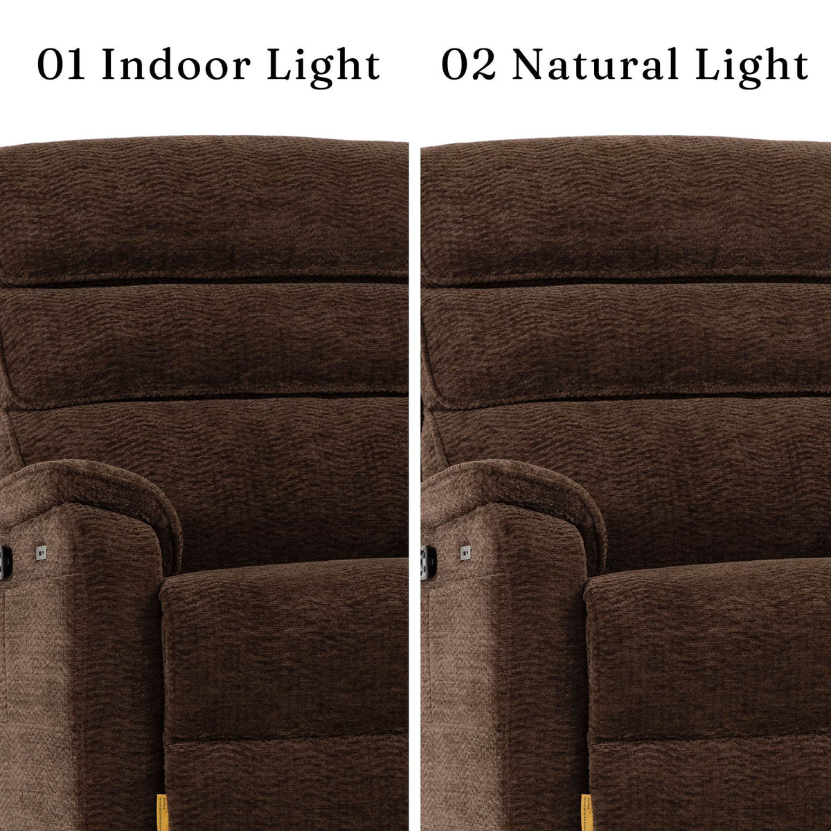 Irene House 9188E Pro dark brown chenille upholstery compared under indoor light and natural light
