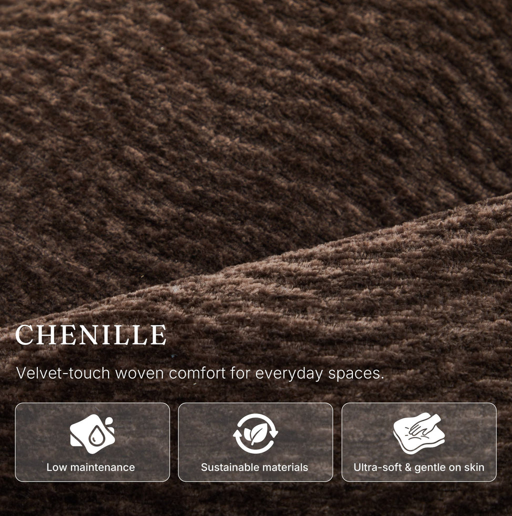 Chenille fabric used on the Irene House 9188E Pro in dark brown — velvet-touch woven, low maintenance, gentle on skin