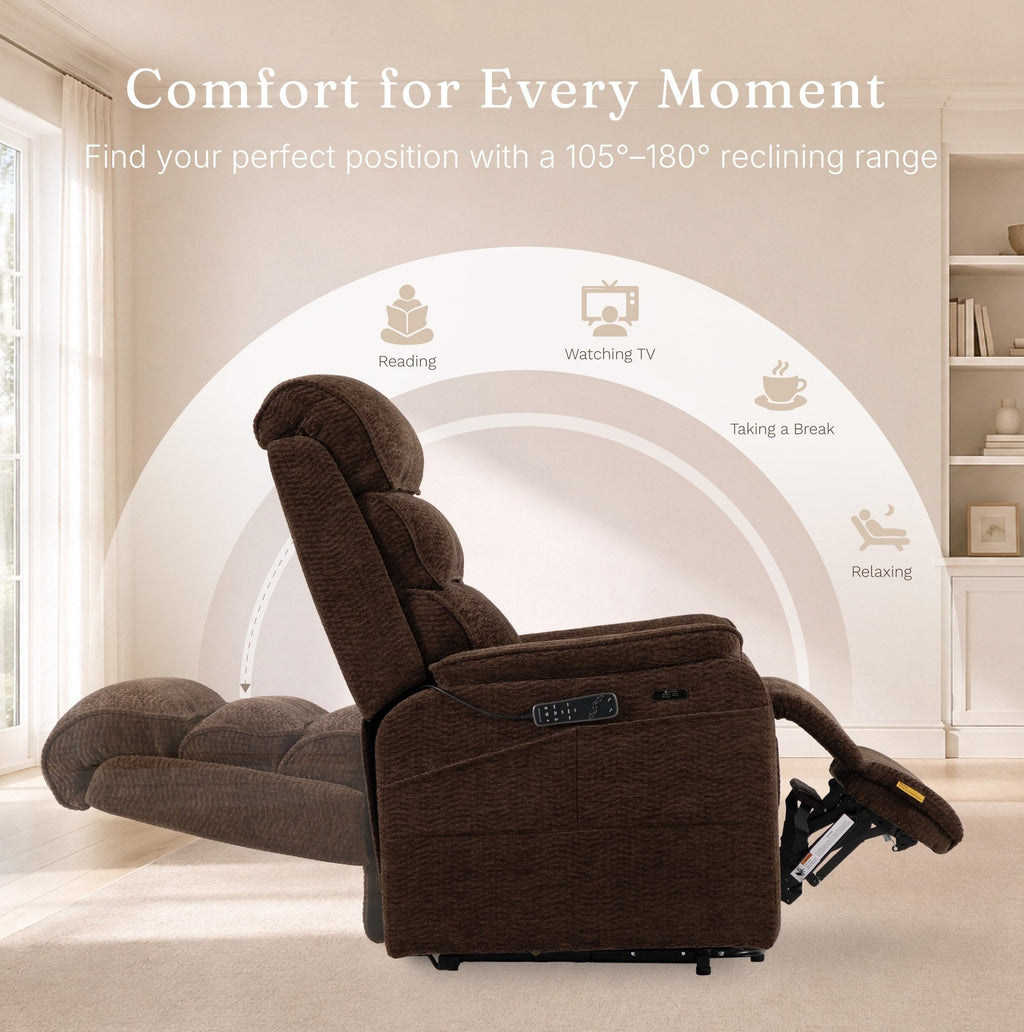 Irene House 9188E Pro in dark brown chenille reclining through its 105 to 180 degree range for reading, TV and resting