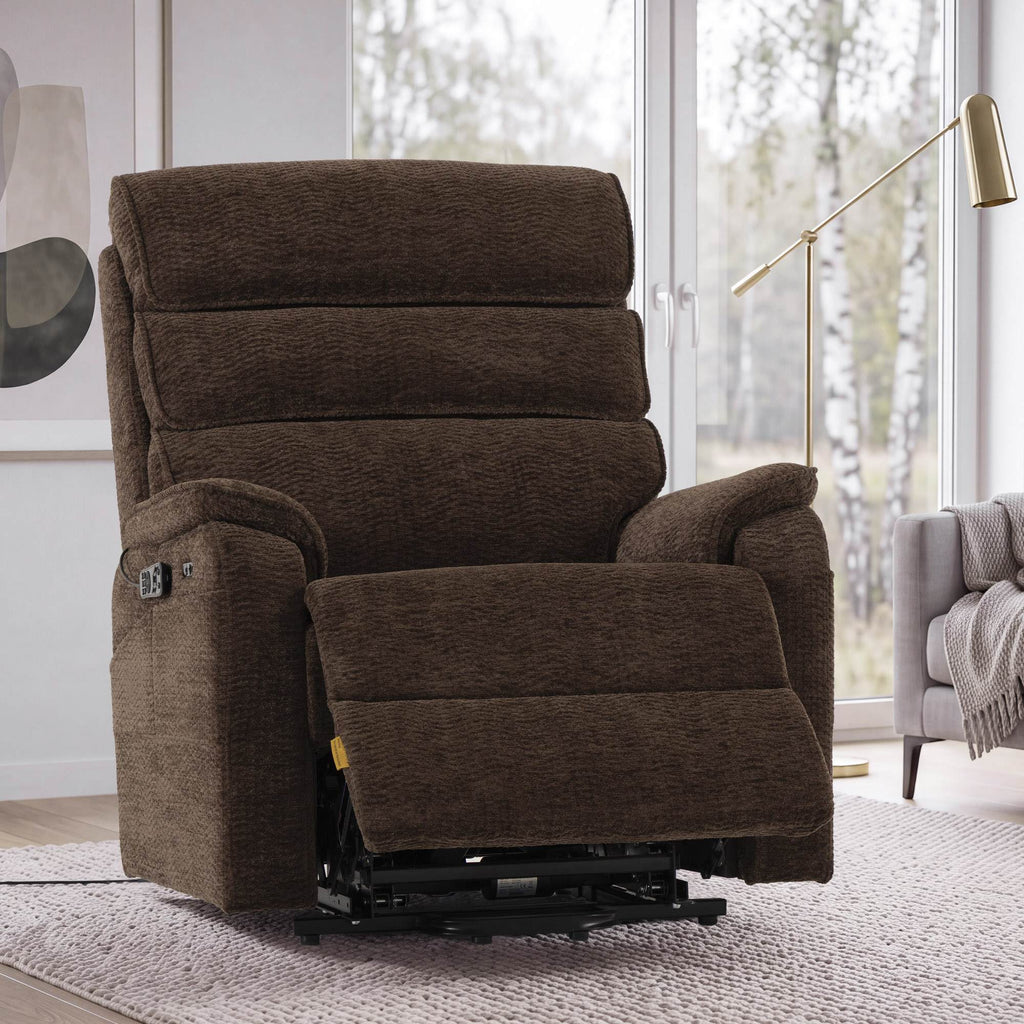 Irene House 9188E Pro in dark brown chenille in a living room, seat raised in lift position for standing up