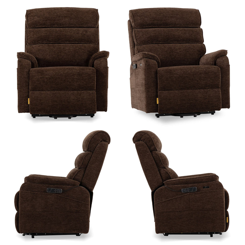 Irene House 9188E Pro in dark brown chenille shown from four angles — front, side, upright and reclined