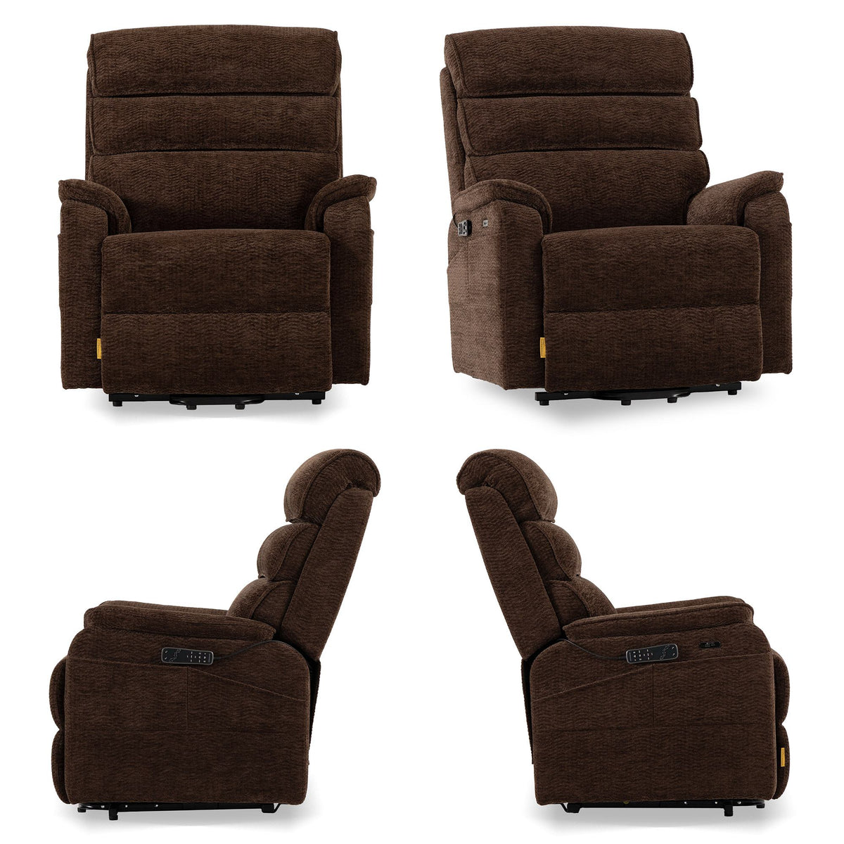 Irene House 9188E Pro in dark brown chenille shown from four angles — front, side, upright and reclined