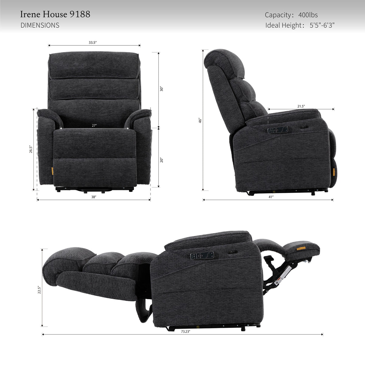 Irene House 9188E Pro dimensions — 400 lb capacity, for users 5 foot 5 to 6 foot 3, 27 inch seat width, 38 inch overall width, 46 inch height, 41 inch depth