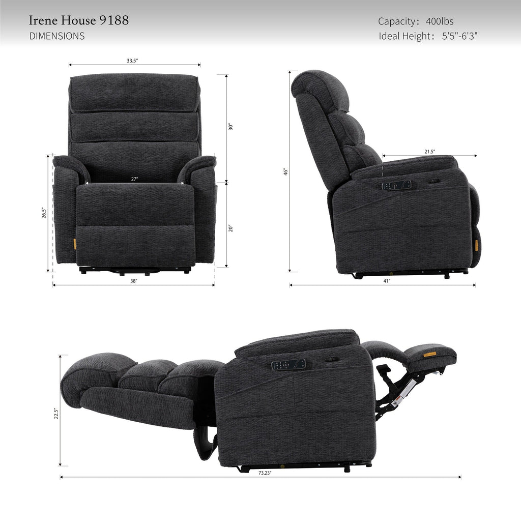 Irene House 9188E Pro dimensions — 400 lb capacity, for users 5 foot 5 to 6 foot 3, 27 inch seat width, 38 inch overall width, 46 inch height, 41 inch depth
