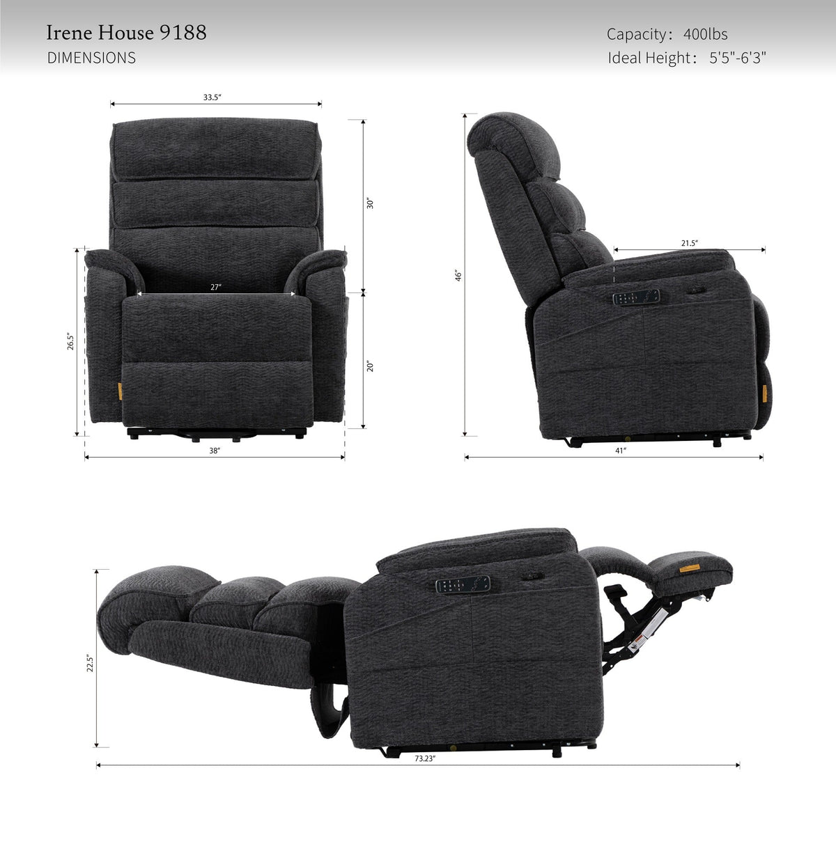 Irene House 9188E Pro dimensions — 400 lb capacity, for users 5 foot 5 to 6 foot 3, 27 inch seat width, 38 inch overall width, 46 inch height, 41 inch depth