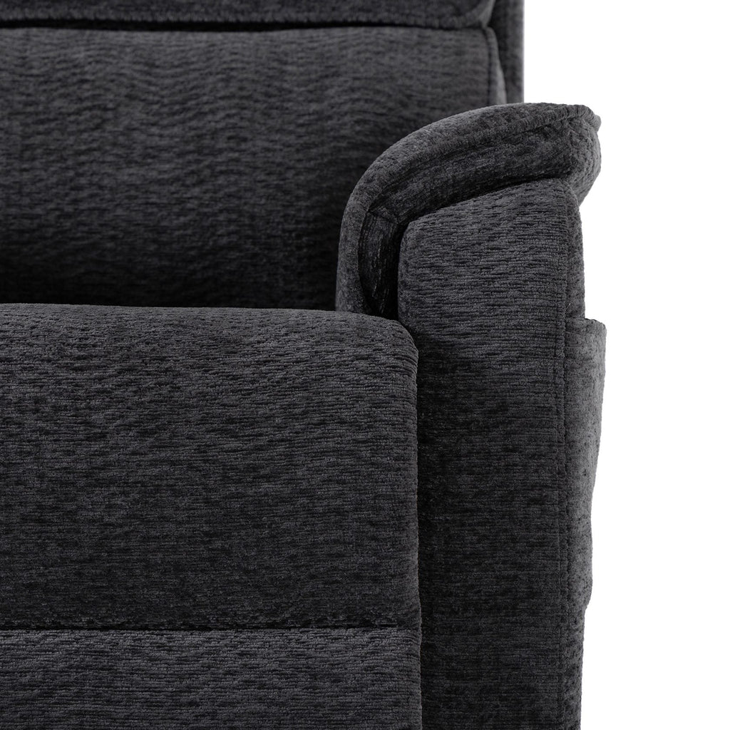 Close-up of the dark gray chenille upholstery and arm stitching on the Irene House 9188E Pro