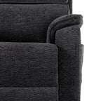 Close-up of the dark gray chenille upholstery and arm stitching on the Irene House 9188E Pro