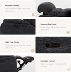 Irene House 9188E Pro features in dark gray chenille — adjustable headrest, raised side pocket, USB-A and USB-C ports, extendable footrest