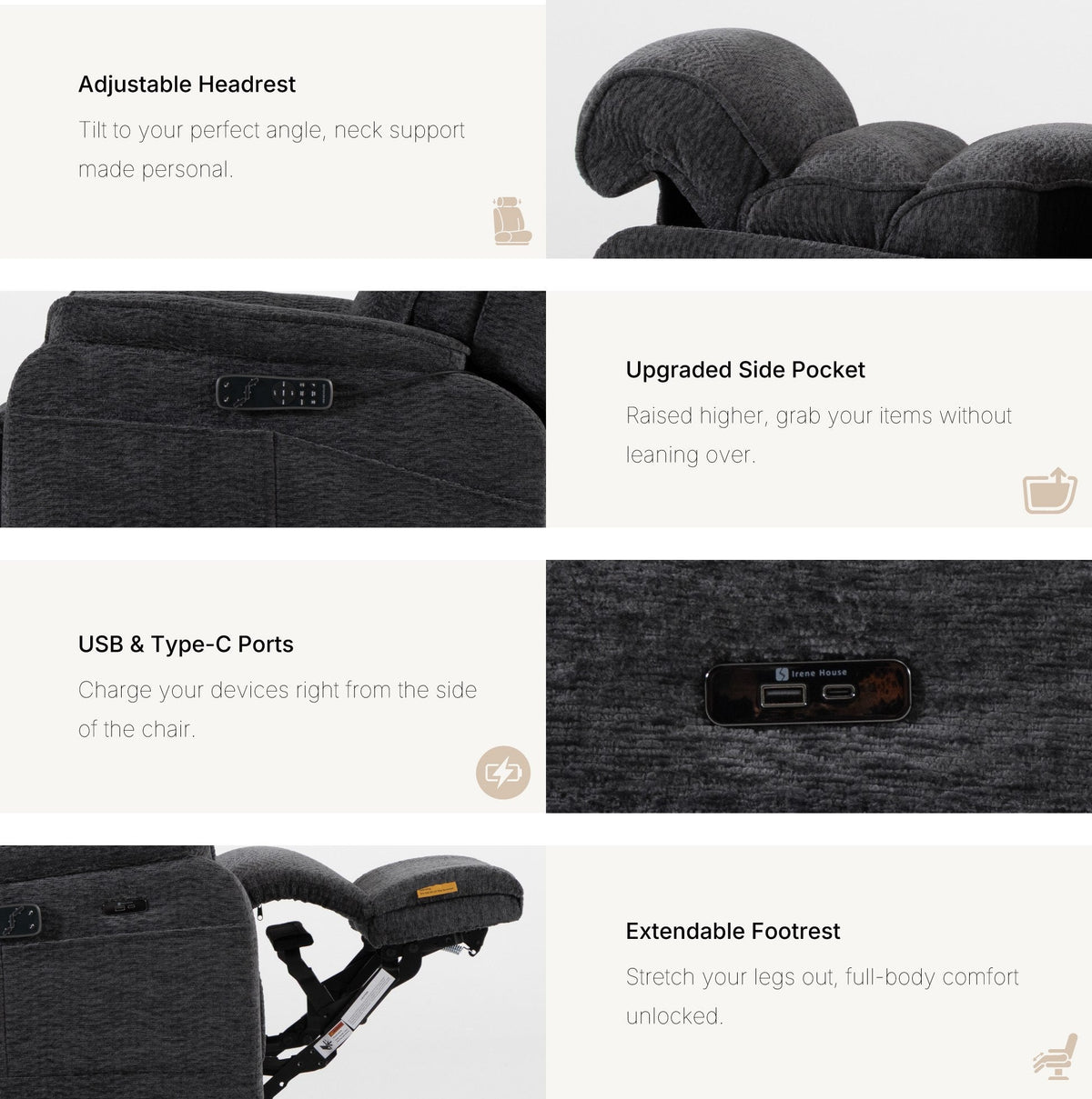 Irene House 9188E Pro features in dark gray chenille — adjustable headrest, raised side pocket, USB-A and USB-C ports, extendable footrest
