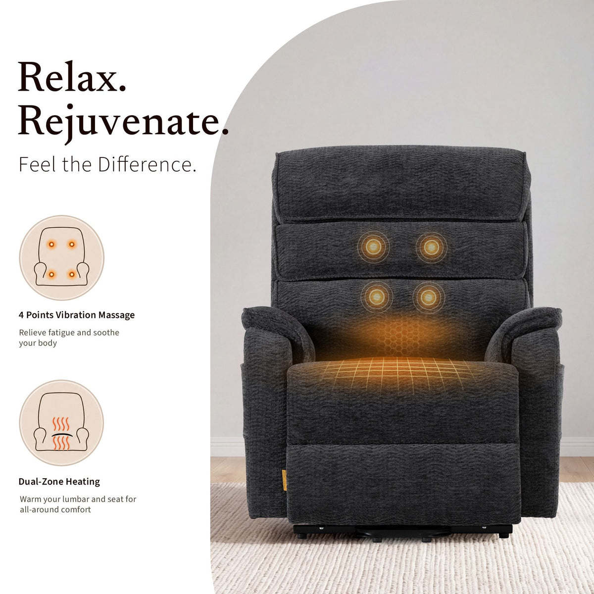 Irene House 9188E Pro in dark gray chenille showing four-point vibration massage and dual-zone heating at the lumbar and seat
