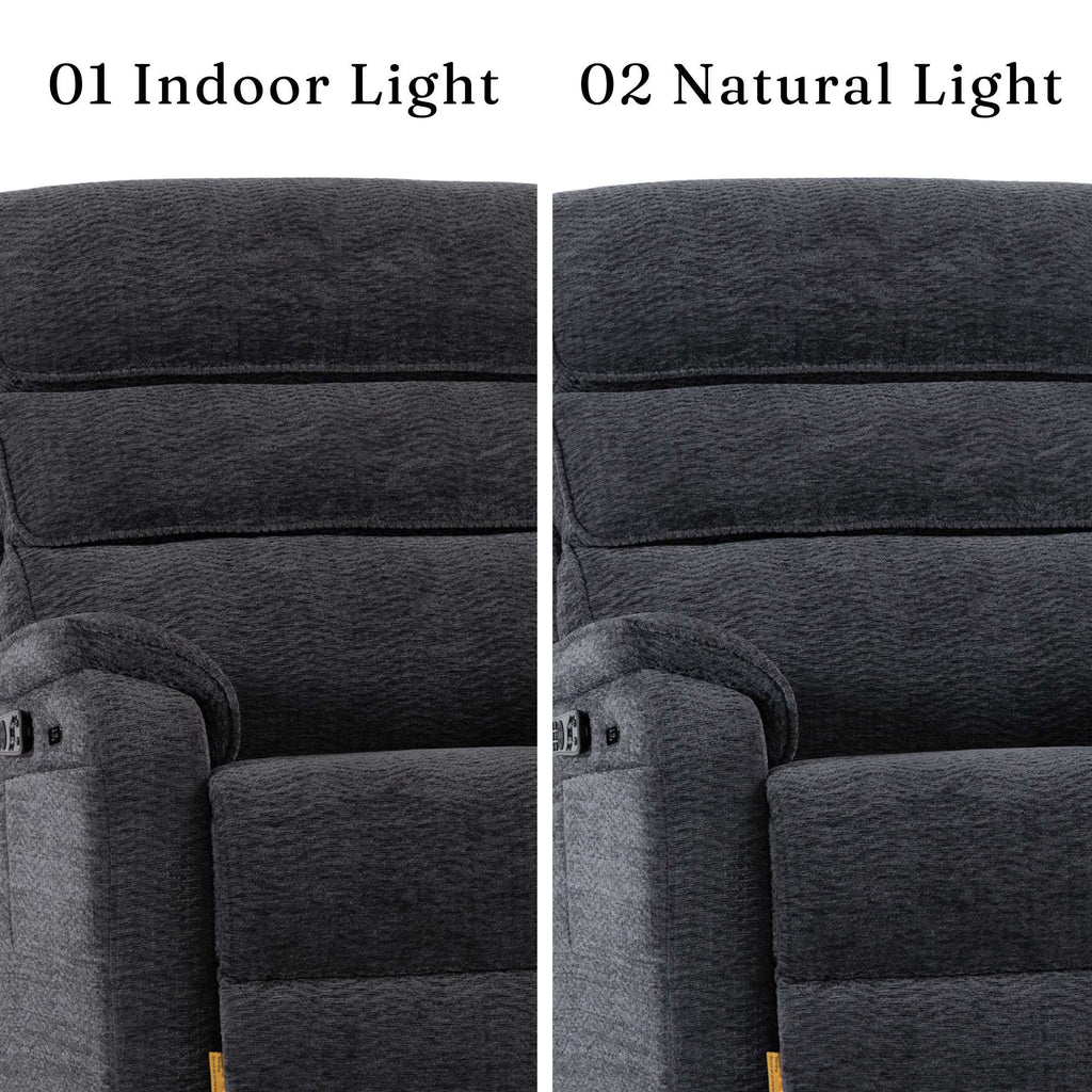 Irene House 9188E Pro dark gray chenille upholstery compared under indoor light and natural light
