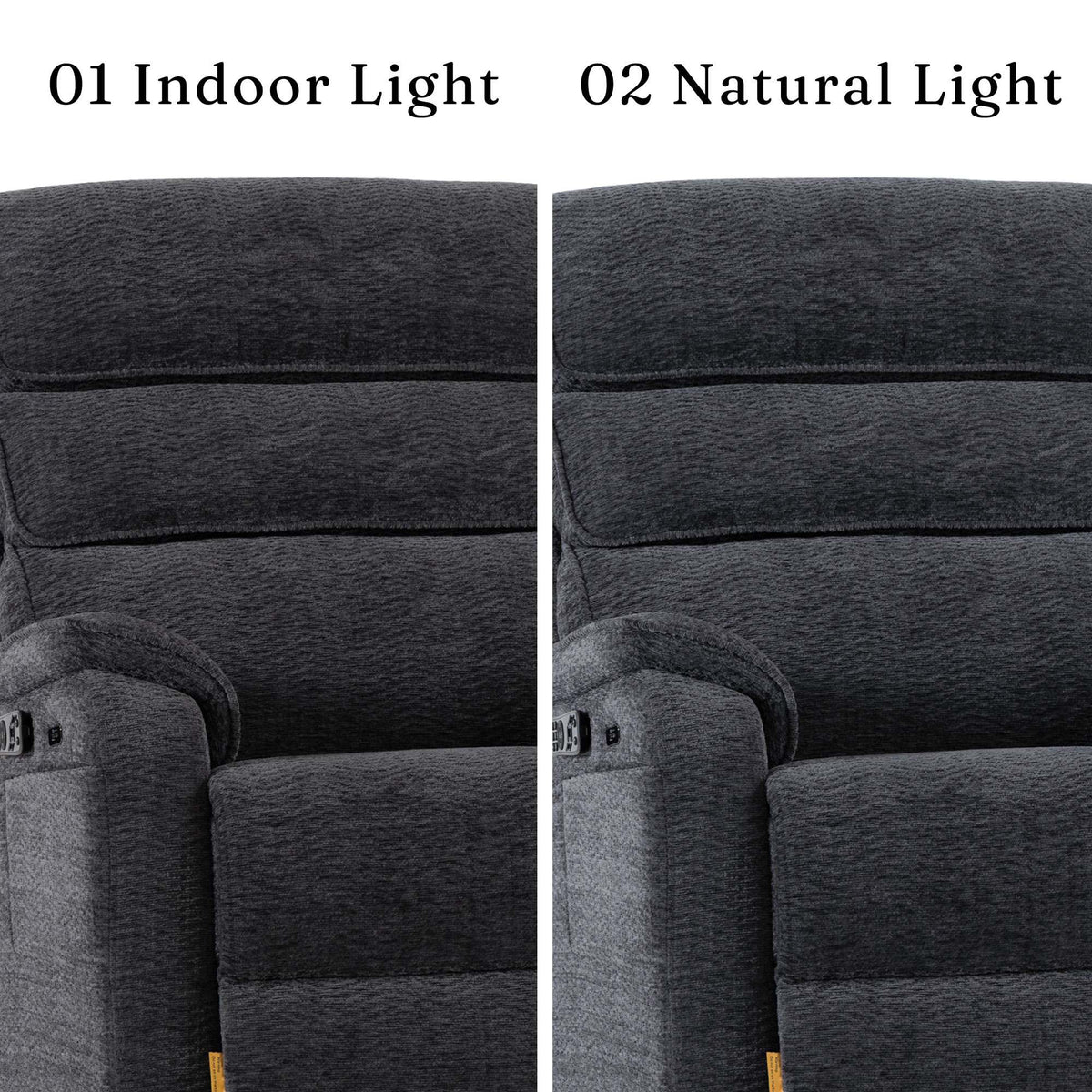 Irene House 9188E Pro dark gray chenille upholstery compared under indoor light and natural light