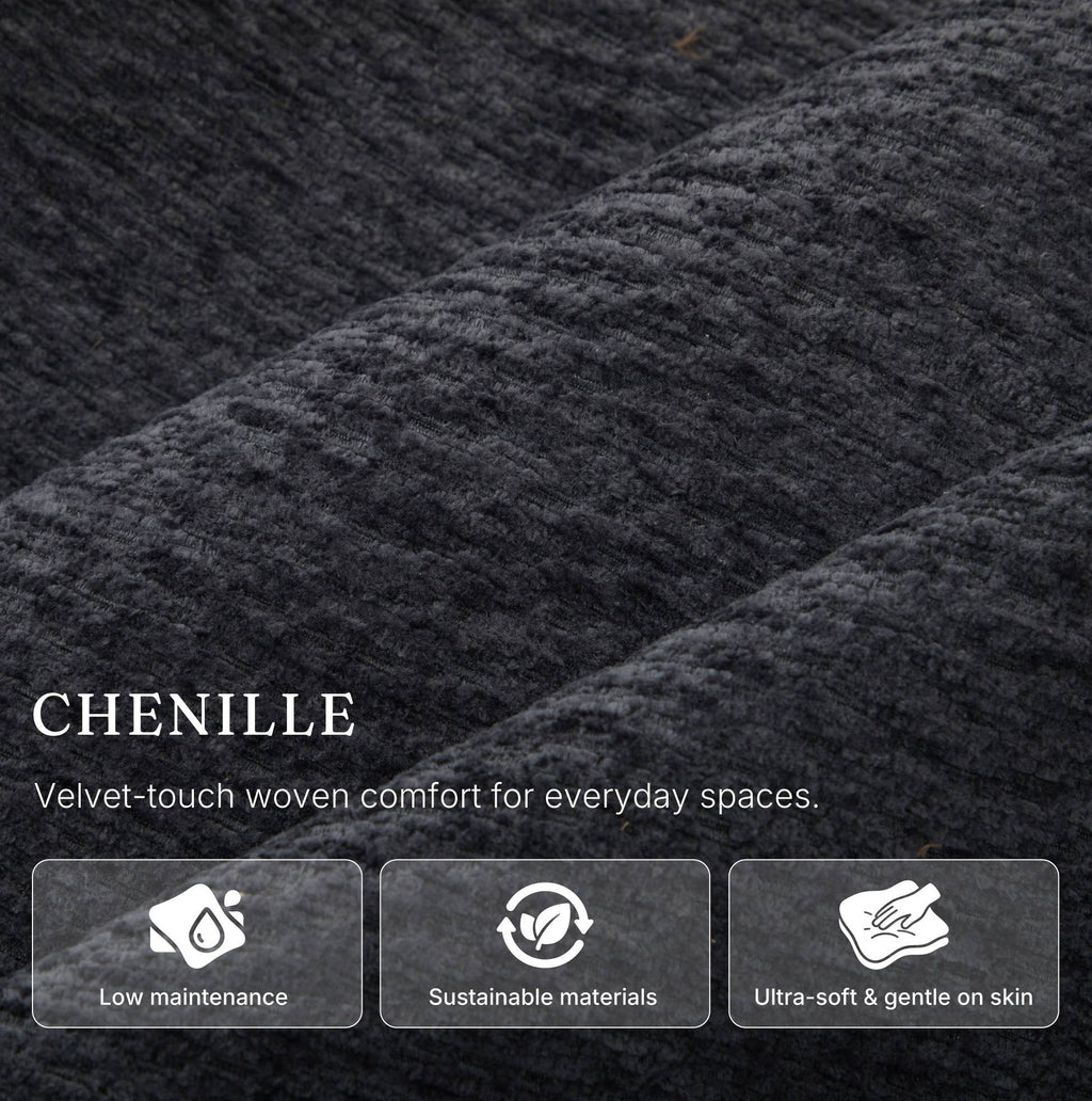 Chenille fabric used on the Irene House 9188E Pro in dark gray — velvet-touch woven, low maintenance, gentle on skin