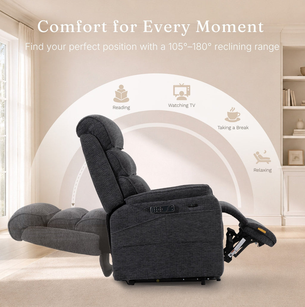 Irene House 9188E Pro in dark gray chenille reclining through its 105 to 180 degree range for reading, TV and resting