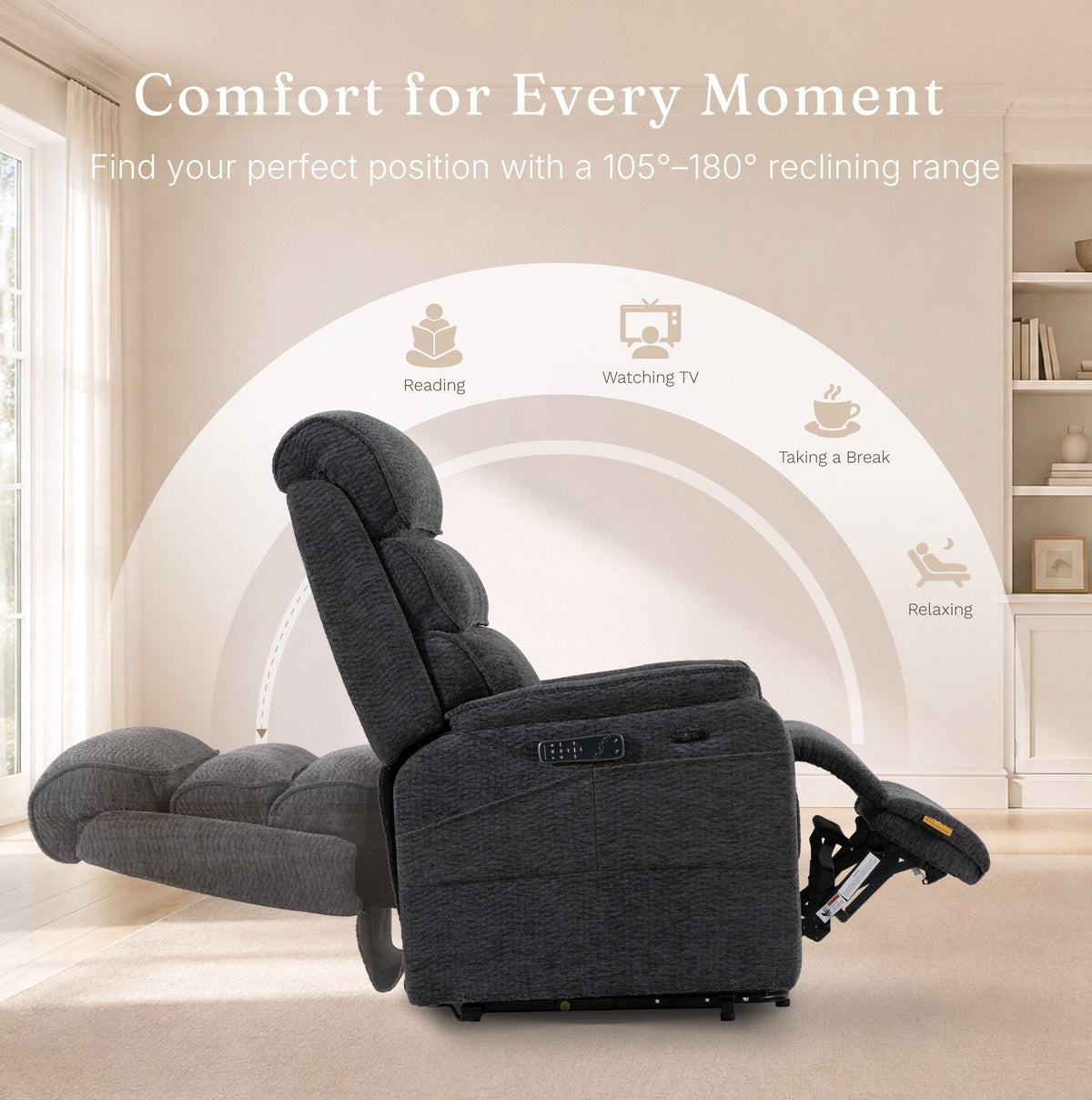 Irene House 9188E Pro in dark gray chenille reclining through its 105 to 180 degree range for reading, TV and resting