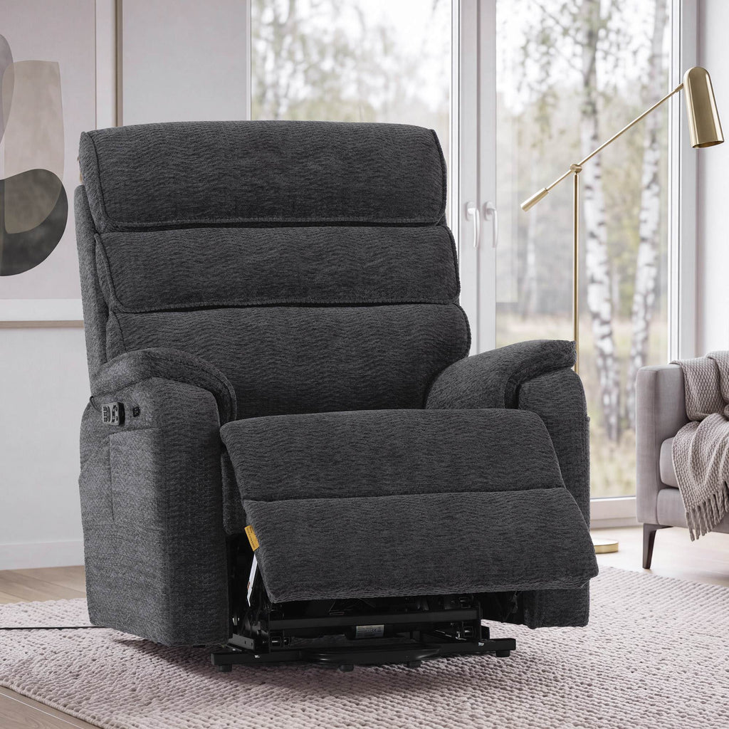 Irene House 9188E Pro in dark gray chenille in a living room, seat raised in lift position for standing up