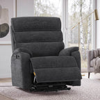 Irene House 9188E Pro in dark gray chenille in a living room, seat raised in lift position for standing up
