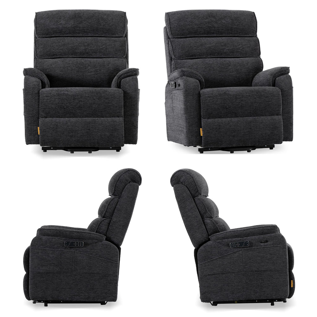 Irene House 9188E Pro in dark gray chenille shown from four angles — front, side, upright and reclined