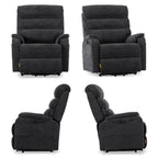Irene House 9188E Pro in dark gray chenille shown from four angles — front, side, upright and reclined