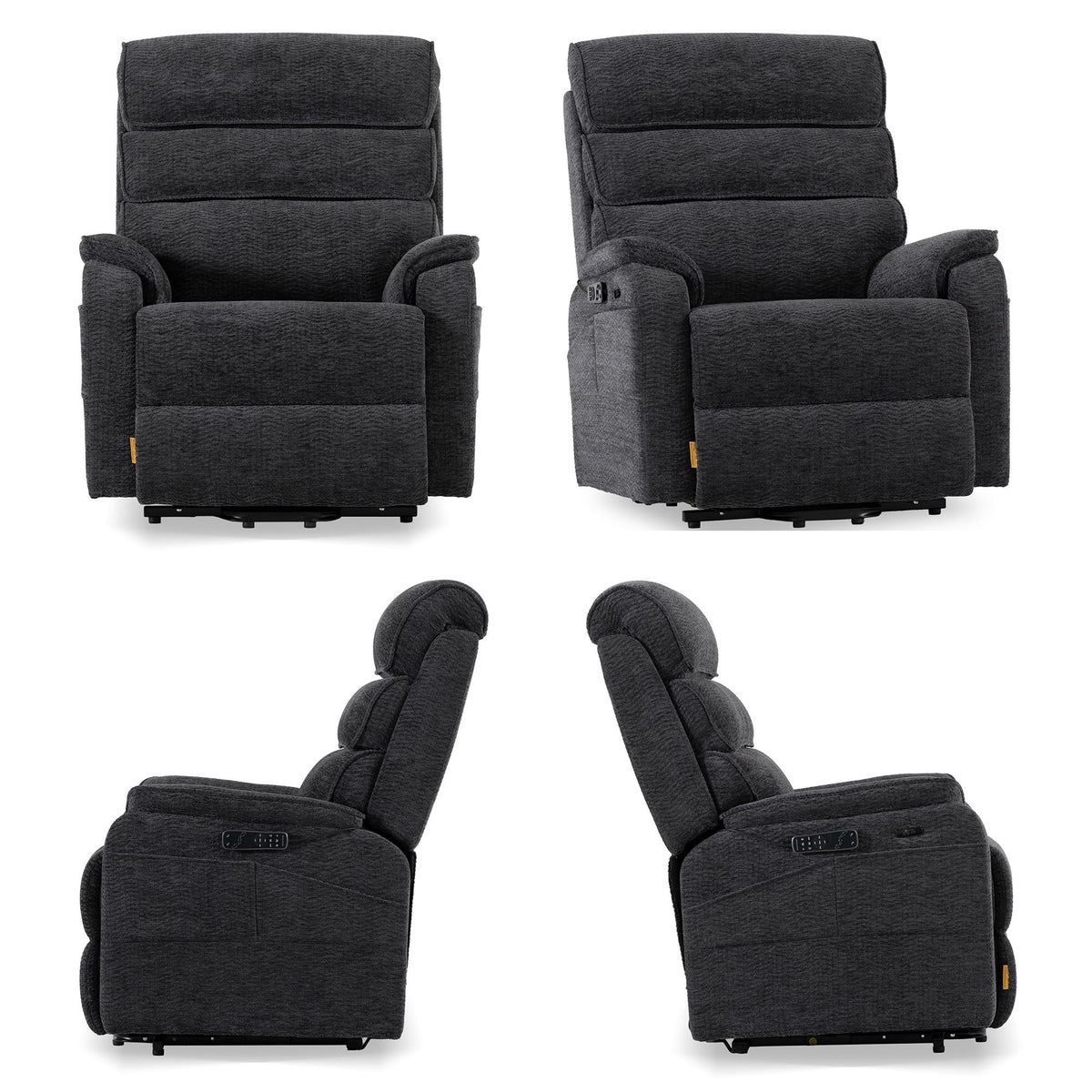Irene House 9188E Pro in dark gray chenille shown from four angles — front, side, upright and reclined