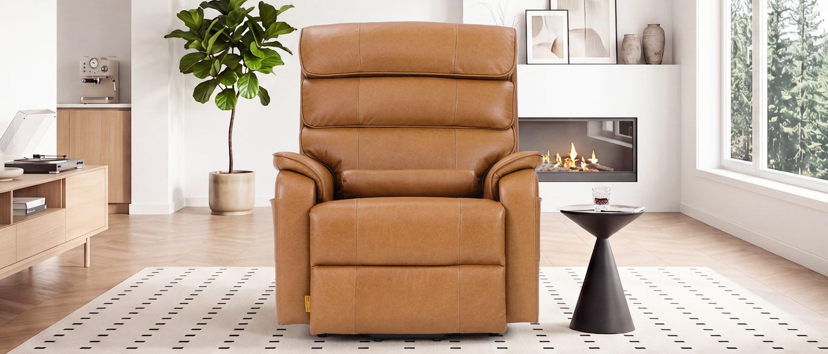 Irene House 9188E Pro oversized power lift recliner in top grain yellow brown leather, shown in a living room with a fireplace