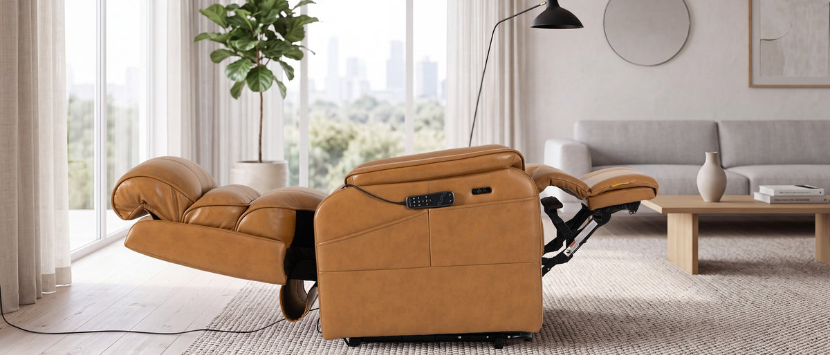 Irene House 9188E Pro reclined fully flat at 180 degrees, side view, with the all-in-one remote on the arm