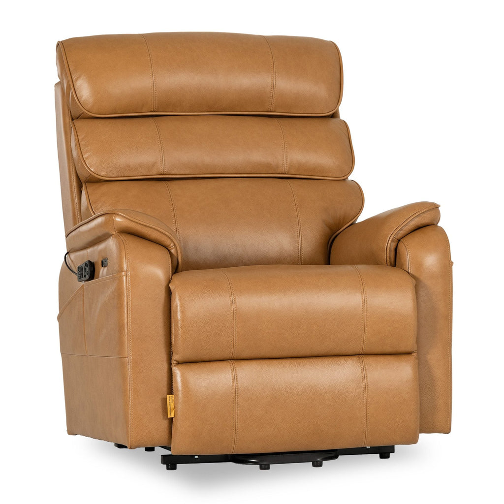 Irene House 9188E Pro oversized power lift recliner in top grain yellow brown leather, 45-degree front view on white