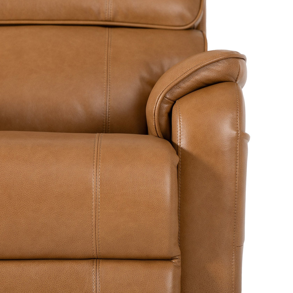 Close-up of the top grain yellow brown leather upholstery and arm stitching on the Irene House 9188E Pro