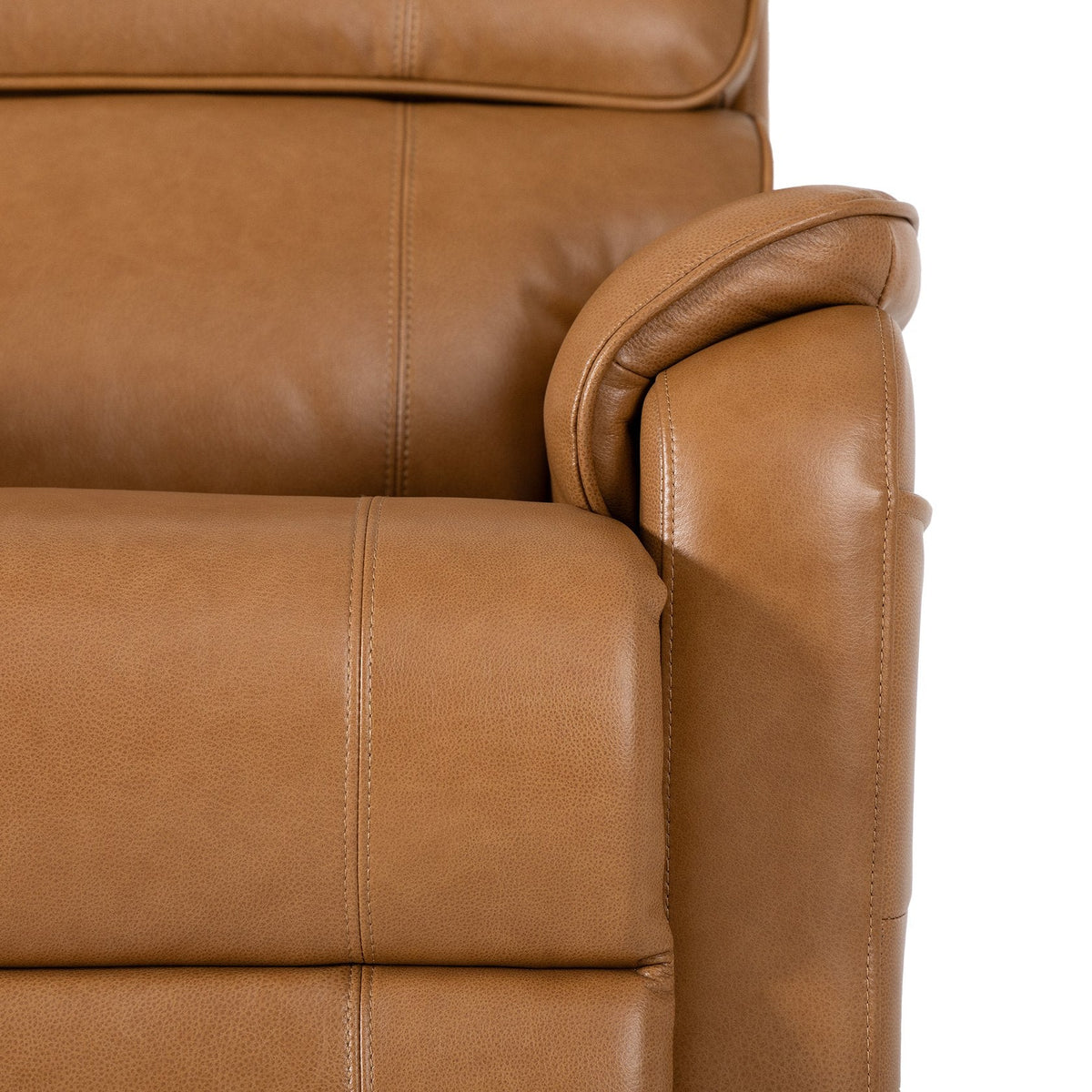 Close-up of the top grain yellow brown leather upholstery and arm stitching on the Irene House 9188E Pro