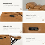 Irene House 9188E Pro features in top grain yellow brown leather — adjustable headrest, raised side pocket, USB-A and USB-C ports, extendable footrest