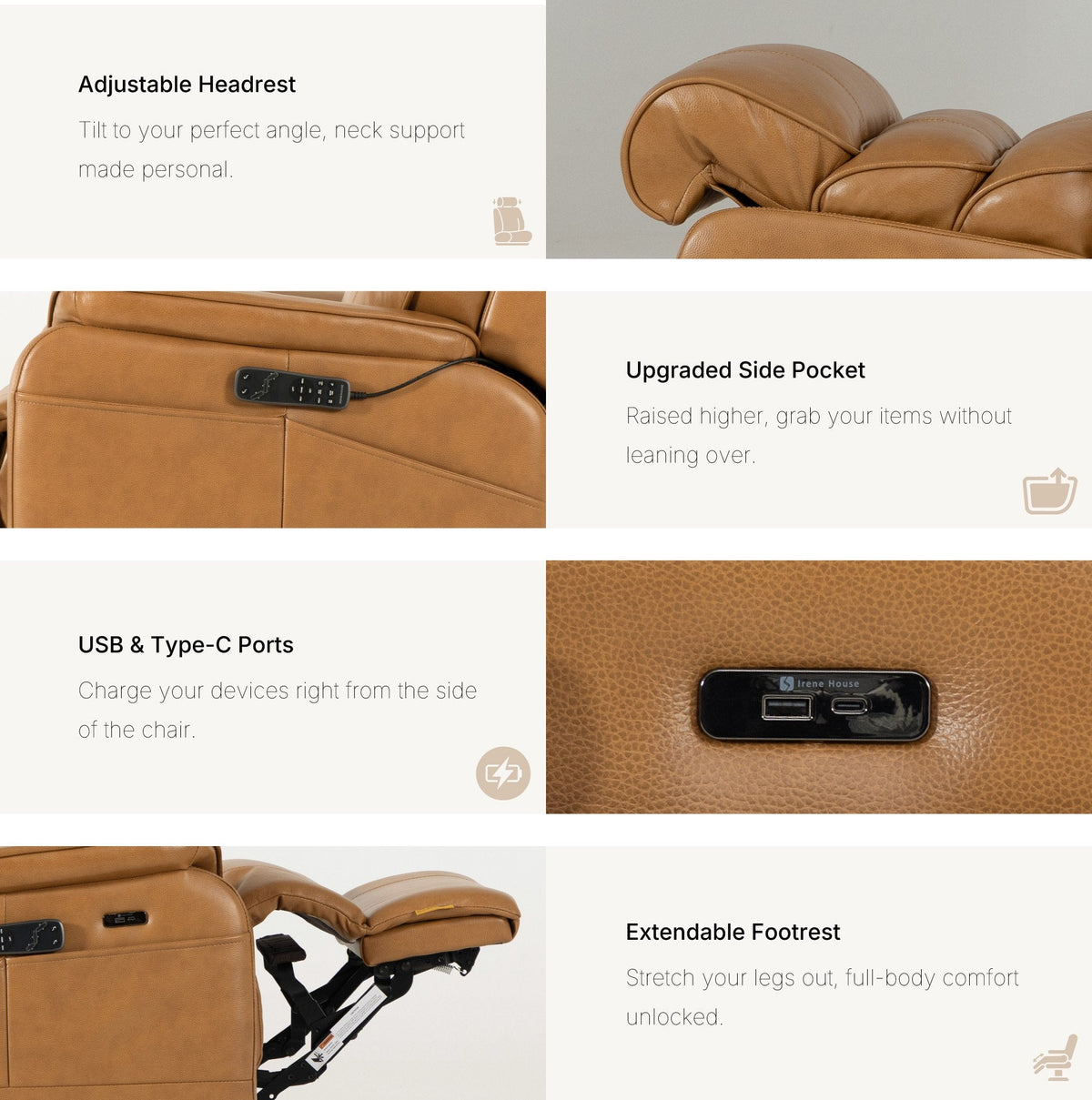 Irene House 9188E Pro features in top grain yellow brown leather — adjustable headrest, raised side pocket, USB-A and USB-C ports, extendable footrest