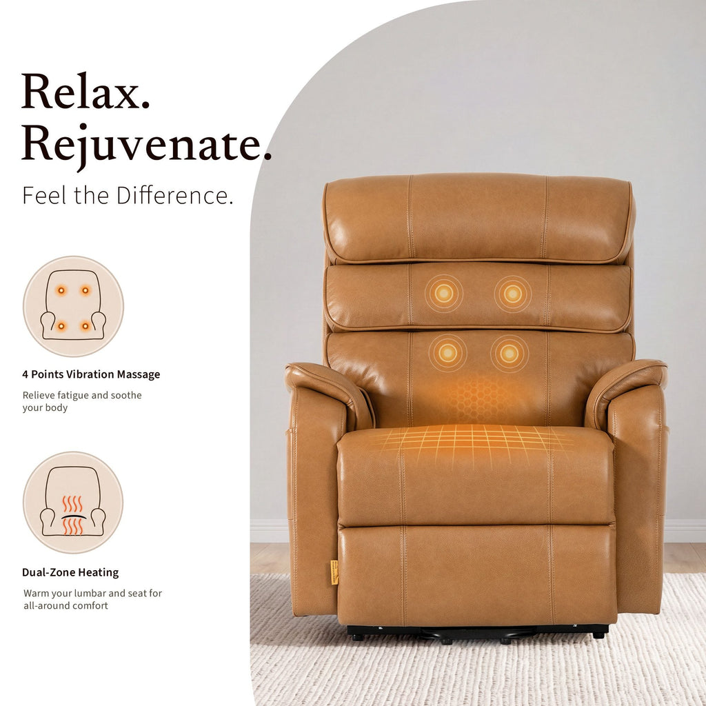 Irene House 9188E Pro in top grain yellow brown leather showing four-point vibration massage and dual-zone heating at the lumbar and seat