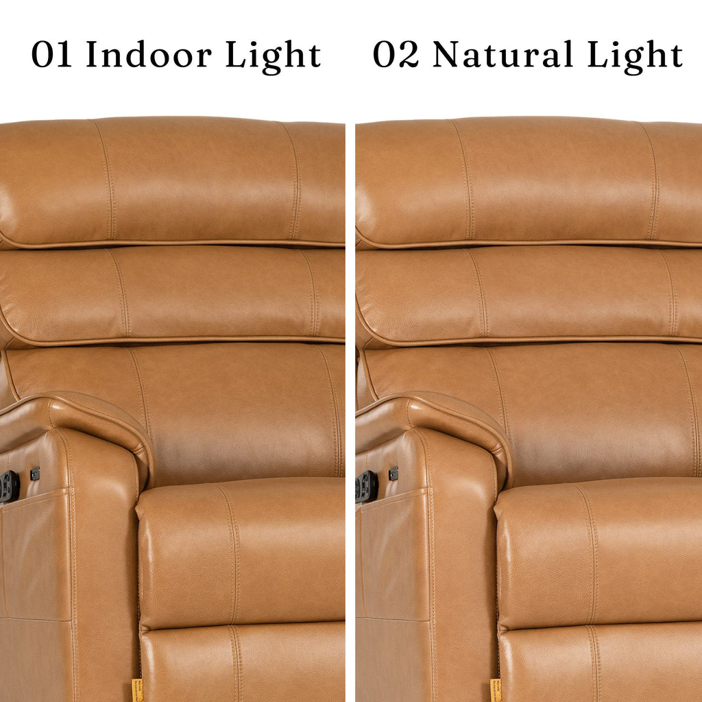 Irene House 9188E Pro top grain yellow brown leather upholstery compared under indoor light and natural light