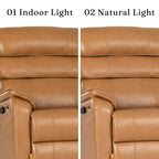 Irene House 9188E Pro top grain yellow brown leather upholstery compared under indoor light and natural light