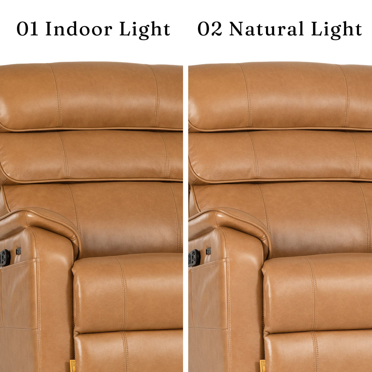 Irene House 9188E Pro top grain yellow brown leather upholstery compared under indoor light and natural light