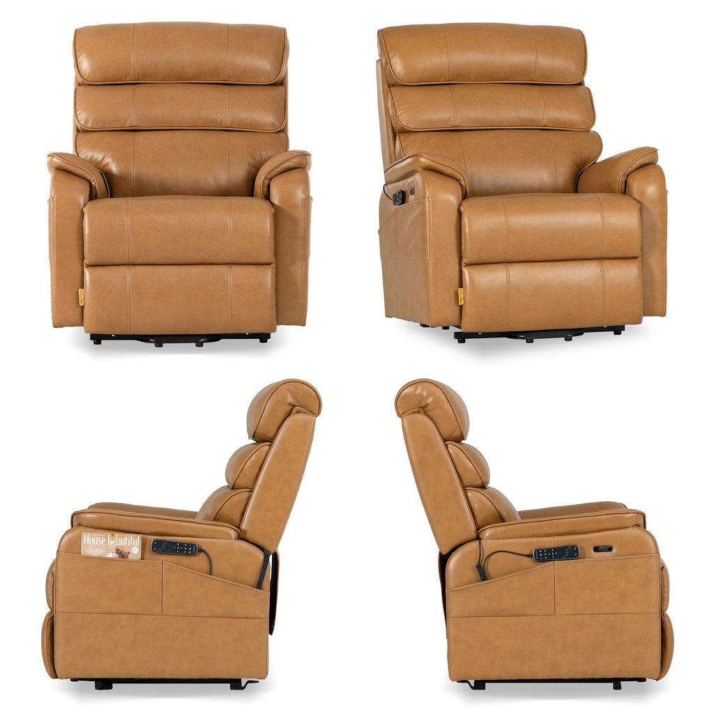 Irene House 9188E Pro in top grain yellow brown leather shown from four angles — front, side, upright and reclined