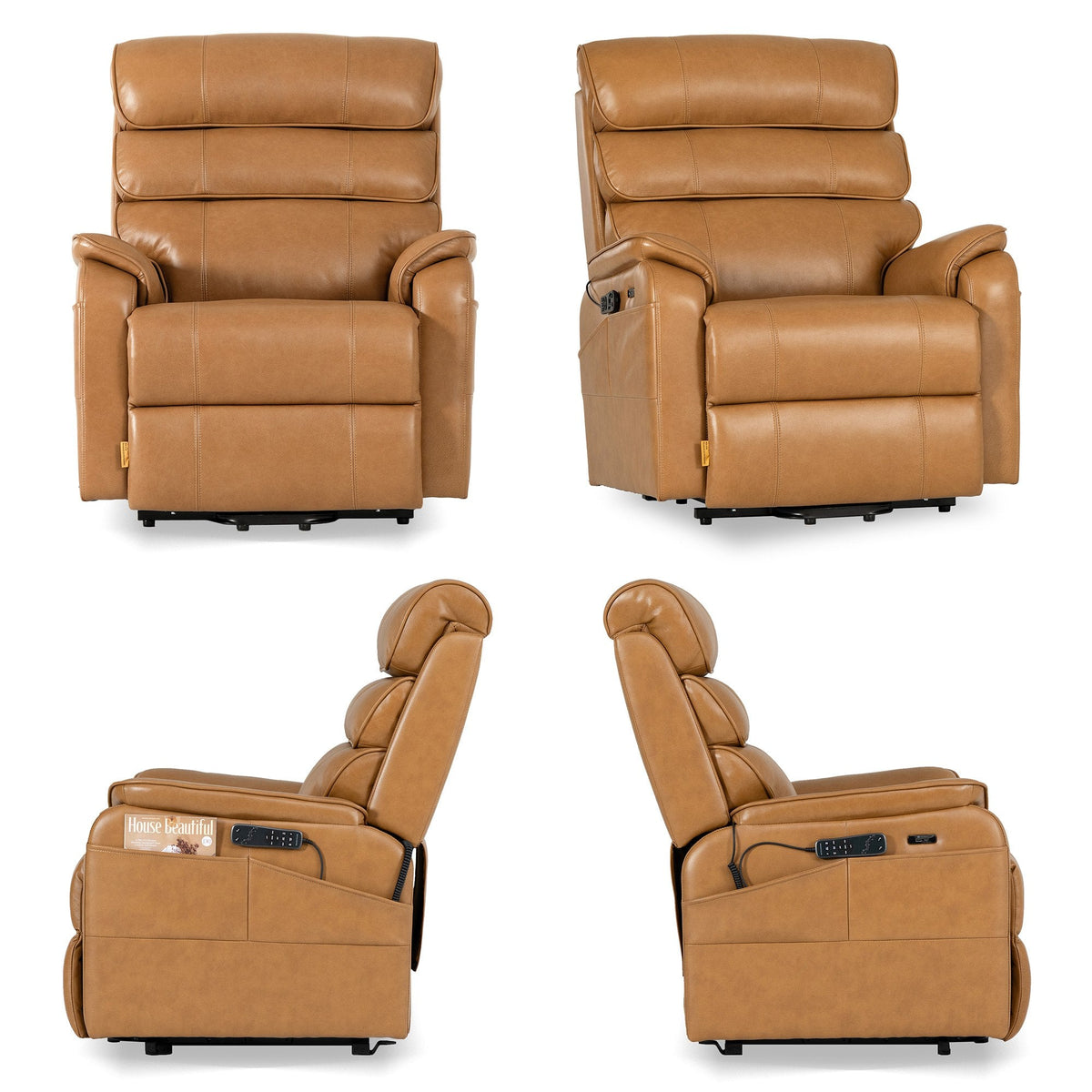 Irene House 9188E Pro in top grain yellow brown leather shown from four angles — front, side, upright and reclined
