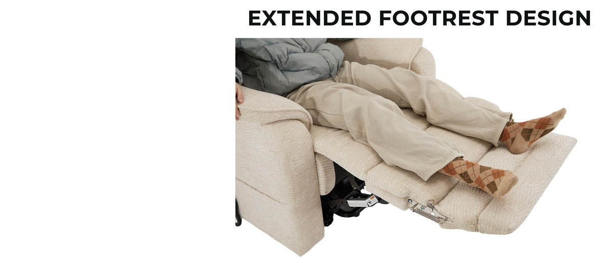 Person reclined in the Irene House 9188ET big and tall lift recliner with the extended footrest fully supporting their feet instead of leaving them dangling