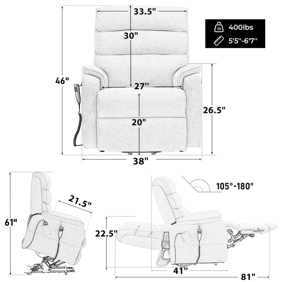 Irene House 9188ET dimensions — 400 lb capacity, for users 5'5" to 6'7", 38 inch overall width, 27 inch seat width, 81 inch reclined length, 105 to 180 degree recline