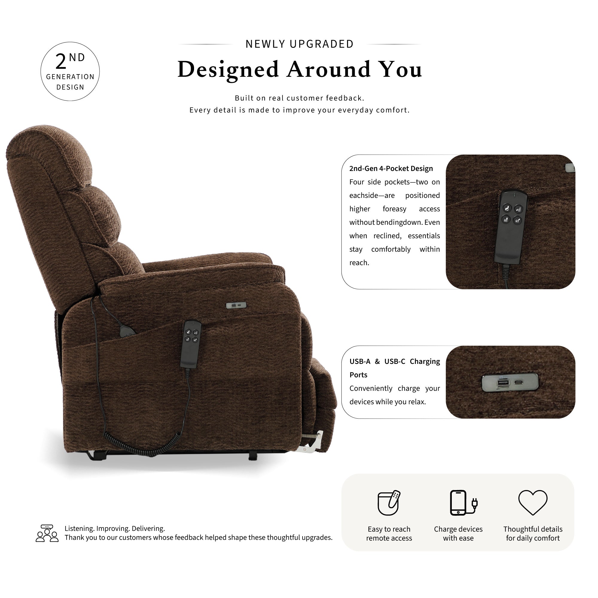 Irene House 9188ET big and tall dark brown chenille power lift recliner, 2nd generation upgrade with four higher side pockets and USB-A and USB-C charging ports