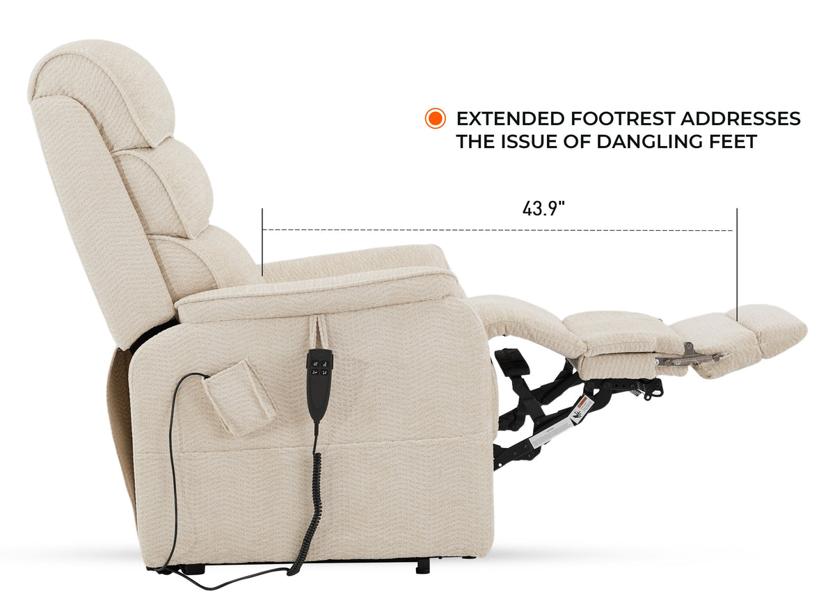 Irene House 9188ET extended footrest measured at 43.9 inches from seat back to footrest end, addressing dangling feet for taller users