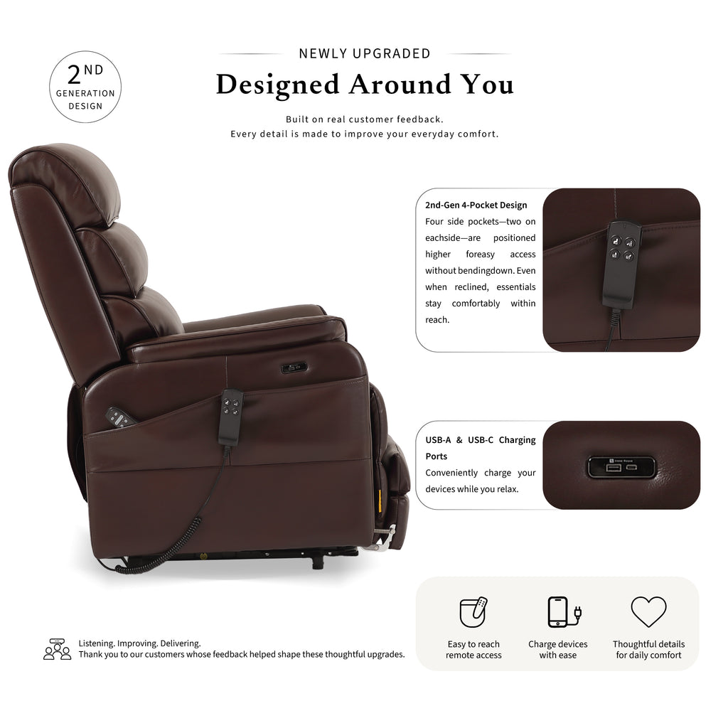 Irene House 9188ET big and tall brown breathable leather power lift recliner, 2nd generation upgrade with four higher side pockets and USB-A and USB-C charging ports