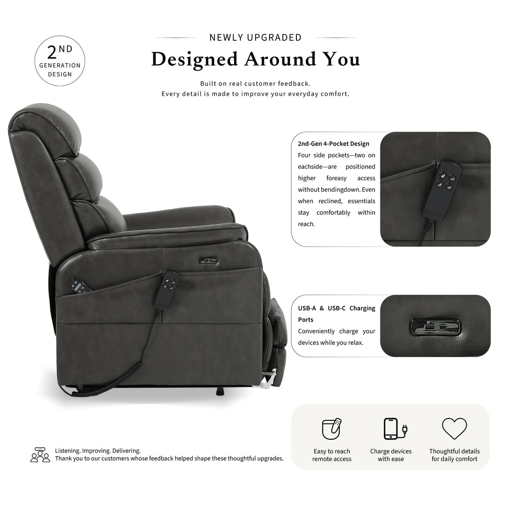 Irene House 9188ET big and tall gray breathable leather power lift recliner, 2nd generation upgrade with four higher side pockets and USB-A and USB-C charging ports