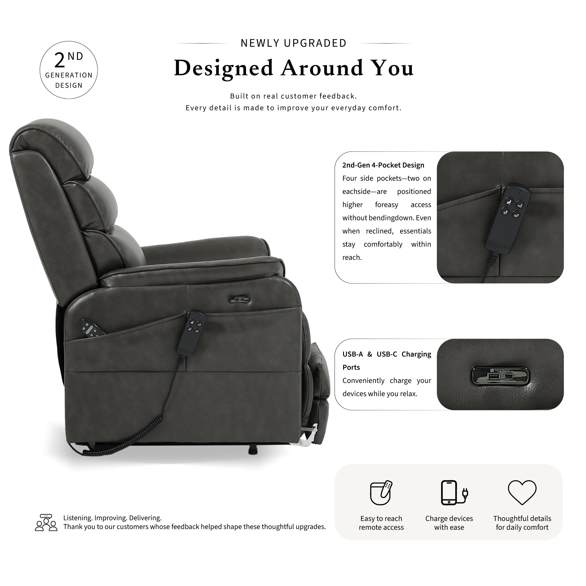 Irene House 9188ET big and tall gray breathable leather power lift recliner, 2nd generation upgrade with four higher side pockets and USB-A and USB-C charging ports