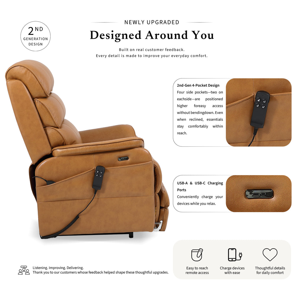 Irene House 9188ET big and tall camel brown top grain leather power lift recliner, 2nd generation upgrade with four higher side pockets and USB-A and USB-C charging ports