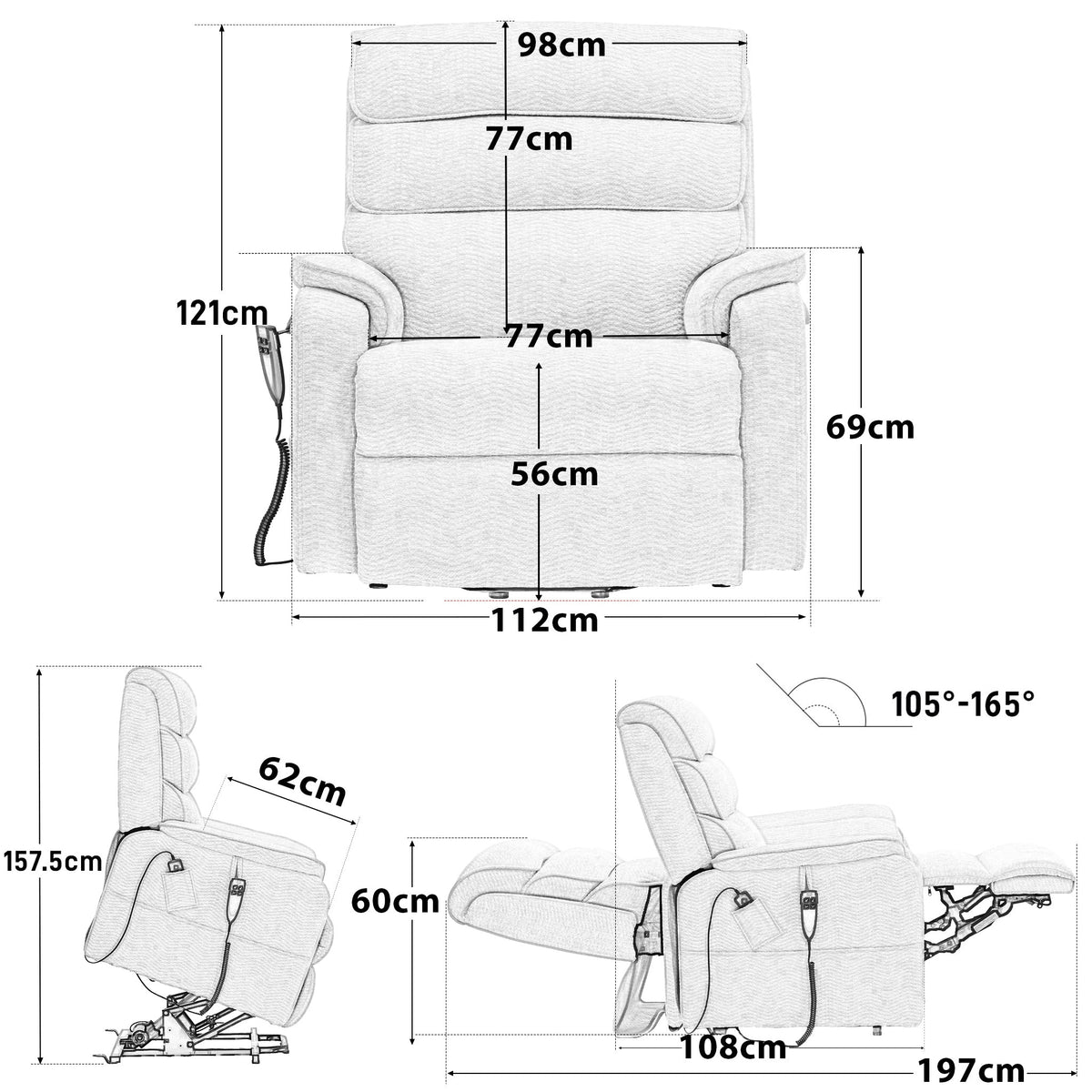 Irene House 9188 EW500 heavy duty lift recliner dimensions chart in centimetres for the 500 lb capacity frame, reclines from 105 to 165 degrees