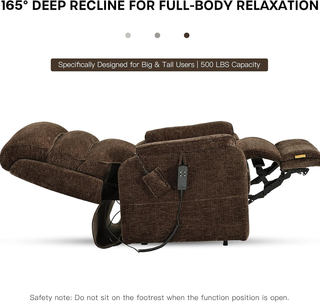 Deep recline graphic for the Irene House 9188 EW500 dark brown chenille: the chair opened right back to 165 degrees for full-body relaxation, built for big and tall users up to 500 lb
