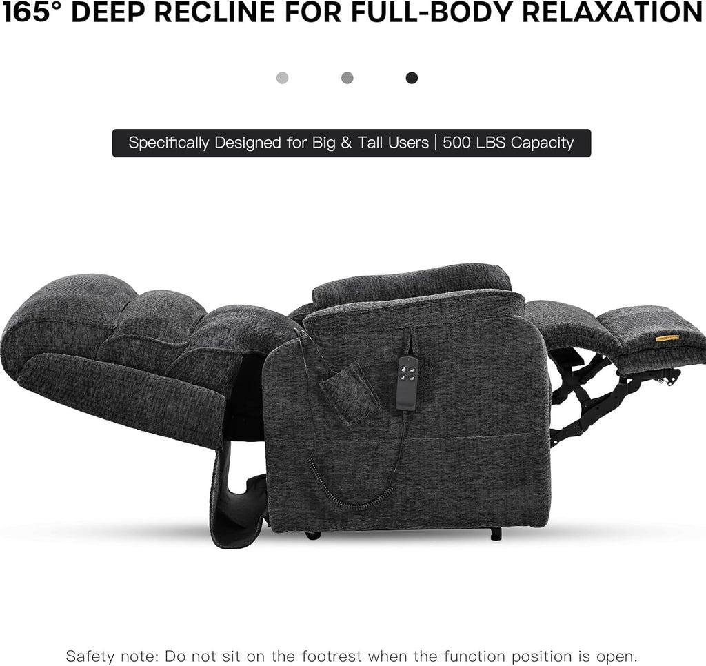 Deep recline graphic for the Irene House 9188 EW500 dark gray chenille: the chair opened right back to 165 degrees for full-body relaxation, built for big and tall users up to 500 lb