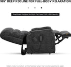 Deep recline graphic for the Irene House 9188 EW500 dark gray chenille: the chair opened right back to 165 degrees for full-body relaxation, built for big and tall users up to 500 lb